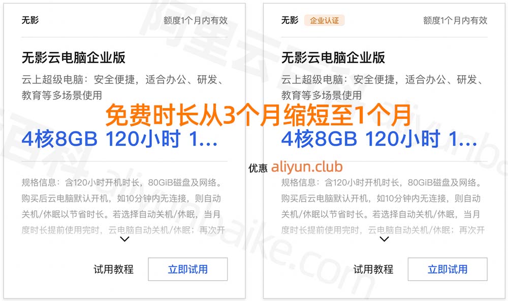 阿里云无影云电脑免费3个月缩短到1个月